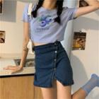Printed Short-sleeve Crop T-shirt / Denim A-line Skirt