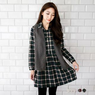 Set: Layered Furry Vest + Plaid Shirtdress
