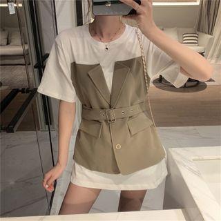 Mock Two-piece Elbow-sleeve Mini T-shirt Dress White - One Size