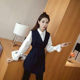 Set: Balloon Sleeve Shirt + Vest With Sash