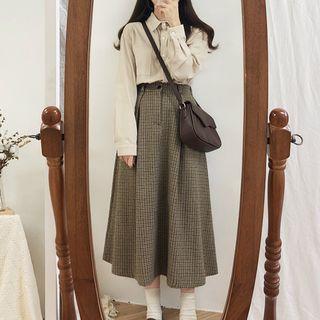 Corduroy Shirt / Plaid Midi A-line Skirt