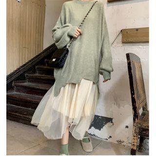 Asymmetric Hem Sweater / Mesh Midi A-line Skirt