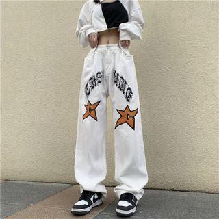 Lettering Star Print Wide Leg Jeans