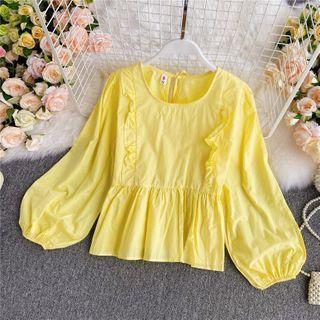 Round-neck Plain Ruffle Long-sleeve Shirt
