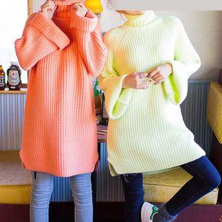 Ribbed Turtleneck Bell-sleeve Long Sweater