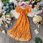 Short-sleeve Floral Print Midi A-line Dress Tangerine Red - One Size