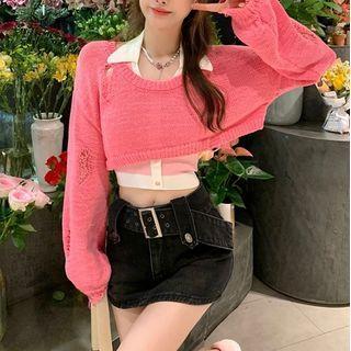 Distressed Cropped Sweater / Halter Button-up Top