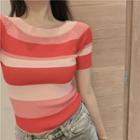Off-shoulder Striped Knit Top Red - One Size