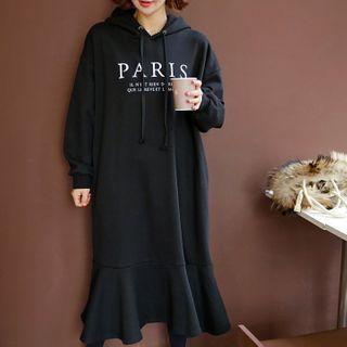 Hooded Ruffle-hem Letter Print Napped Dress