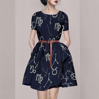 Short-sleeve Zodiac Print A-line Dress