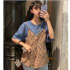 Mock Two-piece Plaid Panel Short-sleeve T-shirt