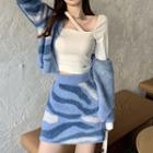 Color Block Cardigan / Mini A-line Knit Skirt / Halter Neck Top