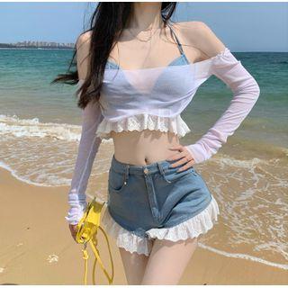 Long-sleeve Cropped Top / Lace Denim Shorts