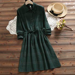 Plaid Long-sleeve Gathered-waist Dress