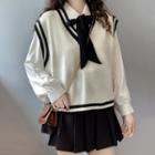 Balloon-sleeve Shirt / V-neck Contrast Trim Knit Vest / Pleated Mini A-line Skirt