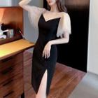 Short-sleeve Paneled Slit Midi Dress