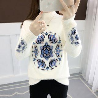 Ethnic Patterned Mock-turtleneck Sweater