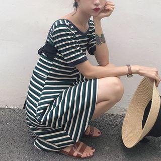 Short-sleeve Striped Open-back A-line Midi Dress