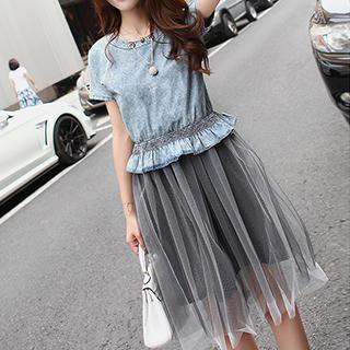 Set: Short-sleeve Denim Top + A-line Skirt