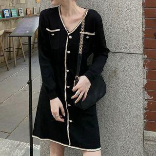 Long-sleeve Button-up Knit A-line Dress