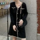 Long-sleeve Button-up Knit A-line Dress