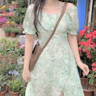 Puff-sleeve Halter Print Midi A-line Dress Green - One Size
