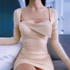 Asymmetrical Long-sleeve Shirred Bodycon Dress