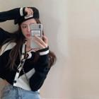 Button-detail Two-tone Cardigan Black & Ivory - One Size