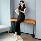Set: Short-sleeve Tie-neck Blouse + Wide Leg Pants
