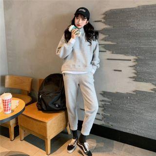 Set Of 2: Plain Long-sleeve Pullover + Sweatpants