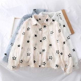 Star-embroidered Fringed Chiffon Shirt