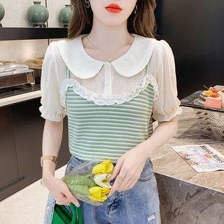 Mock Two-piece Puff-sleeve Ruffled Striped Blouse