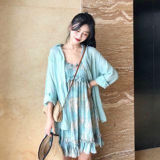 Plain Shirt / Ruffle Trim Printed Spaghetti Strap Dress