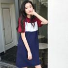 Short-sleeve Color Block A-line Mini Knit Dress As Shown In Figure - One Size