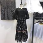 Set: Elbow-sleeve Top + Floral Sleeveless A-line Midi Dress