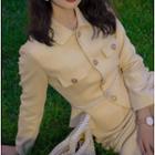 Single-breasted Jacket / Embroidered Sleeveless Sheath Dress / Faux Pearl Belt / Set