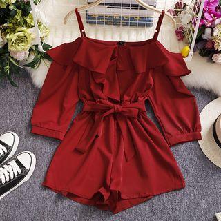 Cut-out Shoulder Ruffle Trim Playsuit