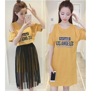 Set: Shoulder-cutout Short-sleeve T-shirt Dress + Pleated Mesh Skirt
