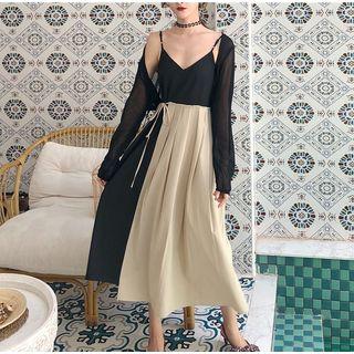 Spaghetti-strap Panel A-line Dress / Open Front Cardigan