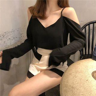 Plain Long-sleeve Cold Shoulder Top / Color Block Skort