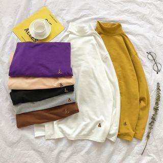 Long-sleeve Mock Neck Bear Embroidered T-shirt