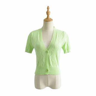 Short-sleeve Pointelle Knit Button-up Knit Top