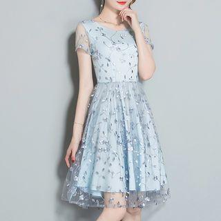 V-neck Embroidered Short-sleeve A-line Dress