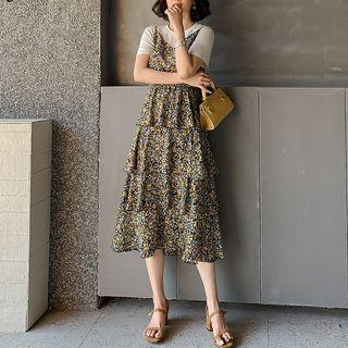 Floral Print Layered Overall Dress