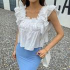 Banded-trim Eyelet-lace Frilled Blouse