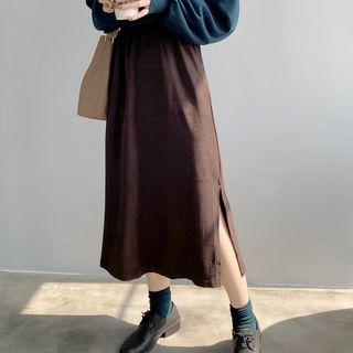 Ribbed Midi A-line Slit Skirt
