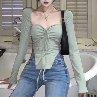 Long-sleeve Knit Top Pea Green - One Size