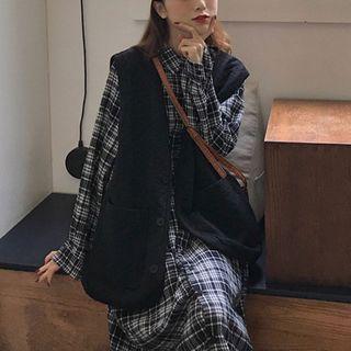 Plaid Long-sleeve Midi Shirt Dress / Sweater Vest