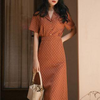 Set: Short-sleeve Open-collar Dotted Shirt + Midi A-line Skirt