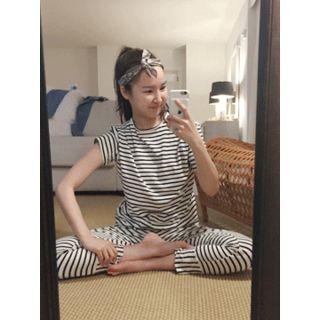 Set: Round-neck Striped Top + Drawstring-waist Pants